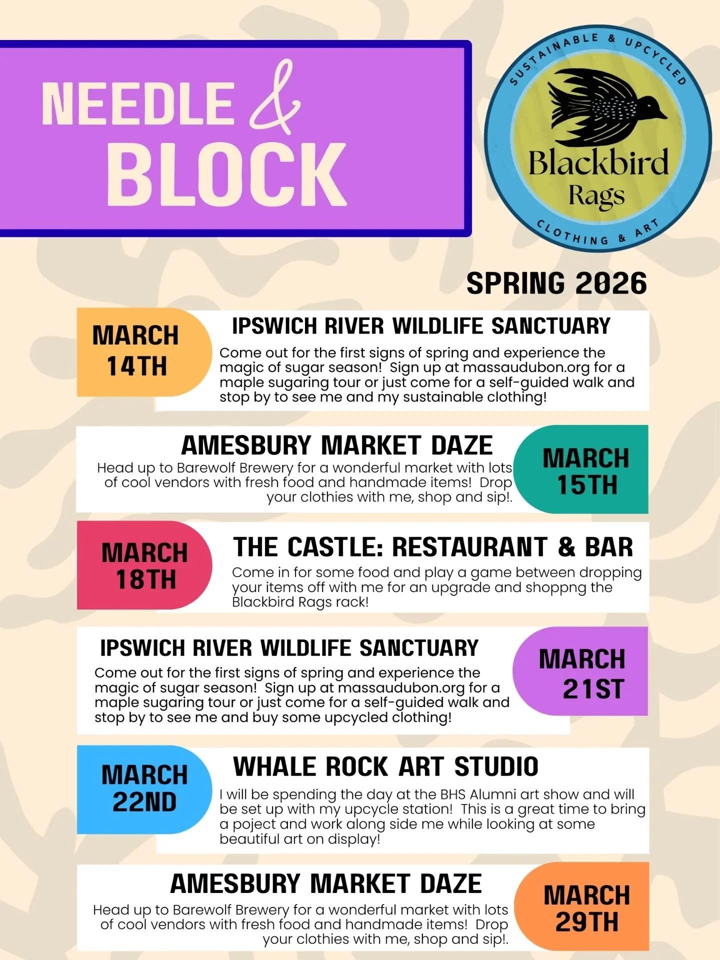 Lots of events this month! Shoot me a message or comment below 👇🏻 to let me know which ones I will see you at!

North shore MA, nature art, upcycled fashion, block printing, wearable art