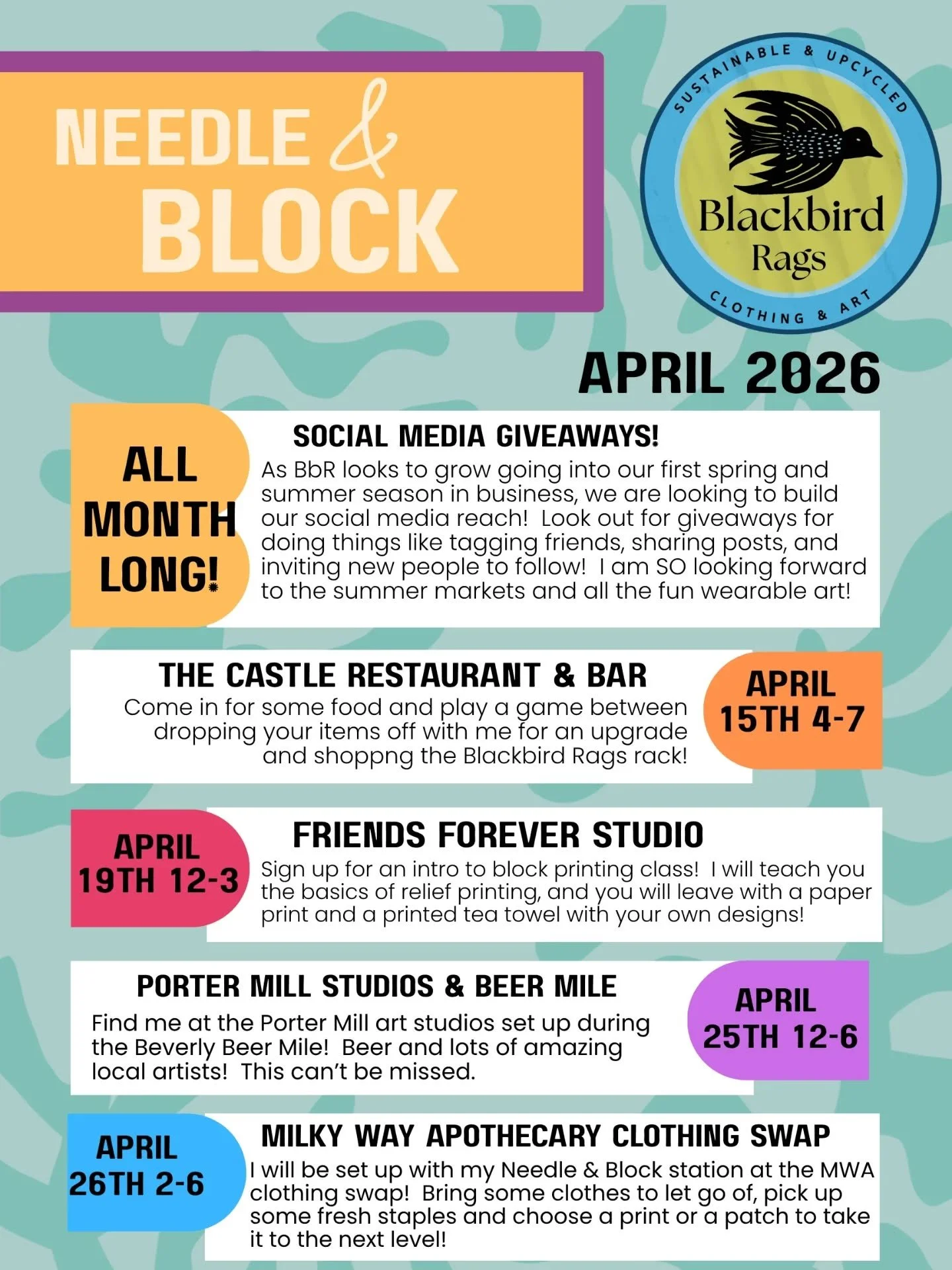 The April Calendar is here! Looking forward to some nice spring weather ☔🌷🪻🌞

Upcycled, wearable art, block printing, North shore MA, thrift, sustainable, nature art