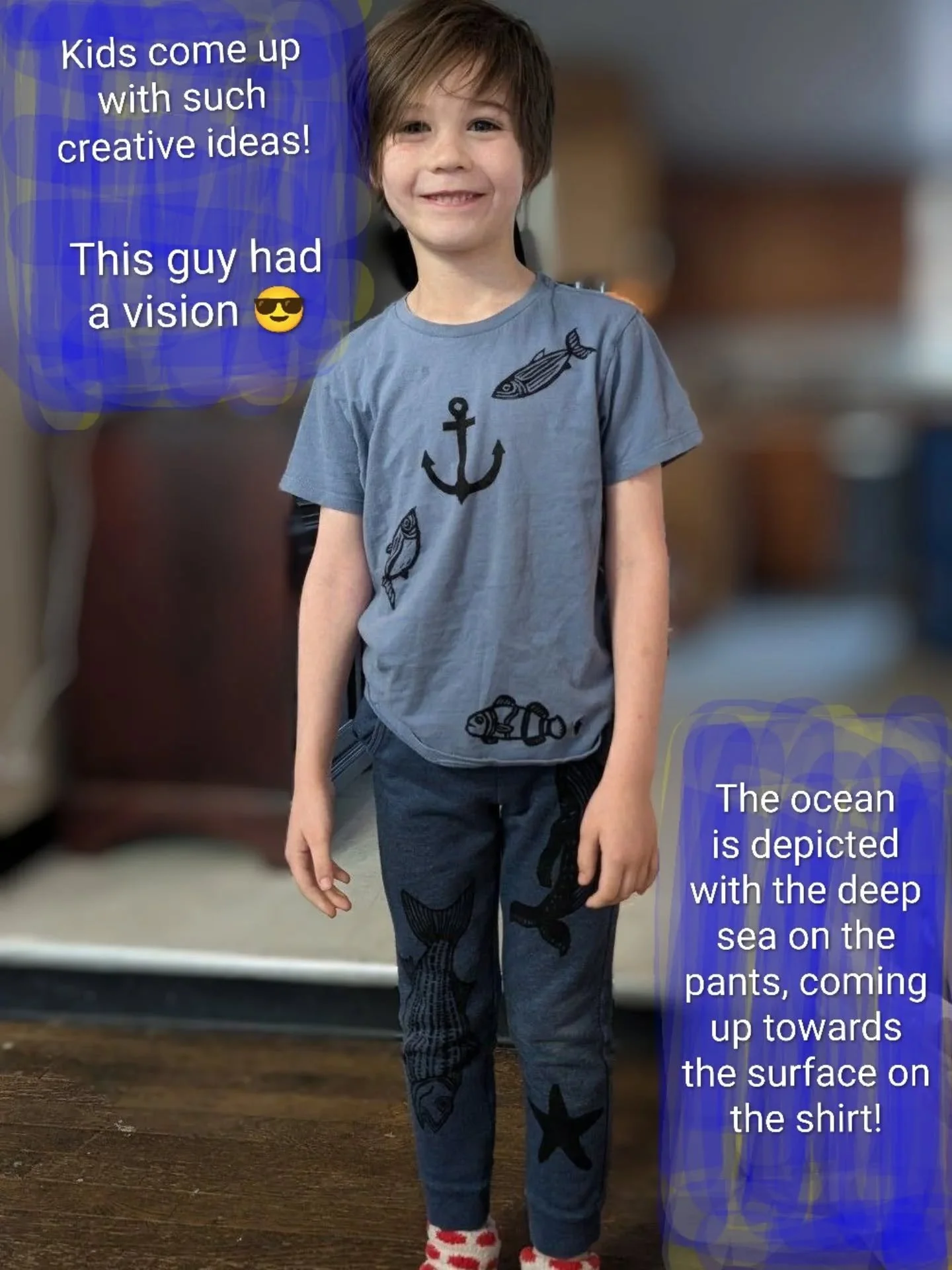 I love the way kids approach creativity! At just six, this local first grader knew he wanted a full outfit featuring sea creatures, and he picked everything out and arranged it just so!  Amazing! 😍

Have your kids pick out some wardrobe items and co