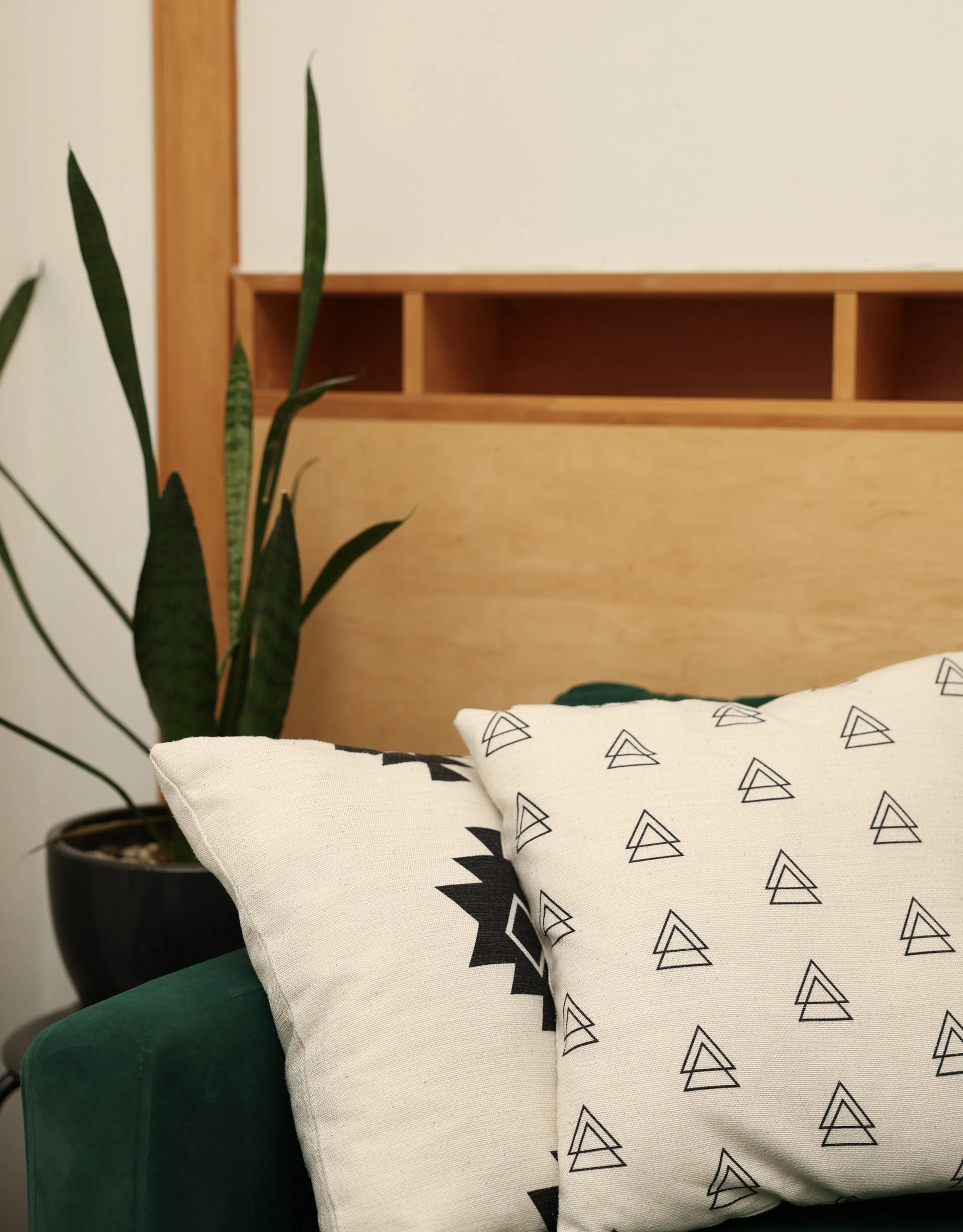 Close-up of a beige decorative pillow with black geometric patterns on a green sofa, with a large potted plant with long green leaves and a wooden headboard with built-in shelves in the background.