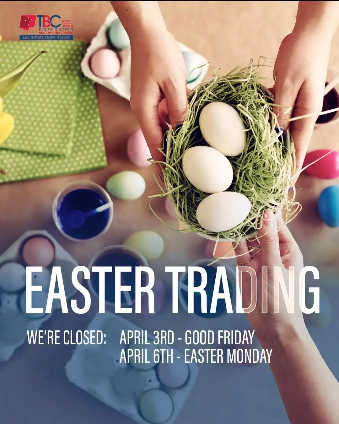 The Easter long weekend is nearly here!

Please note we will be closed Good Friday and Easter Monday and then trading as usual. Make sure your orders are placed early to avoid any disruptions to your business.

If you&rsquo;re unsure about delivery s