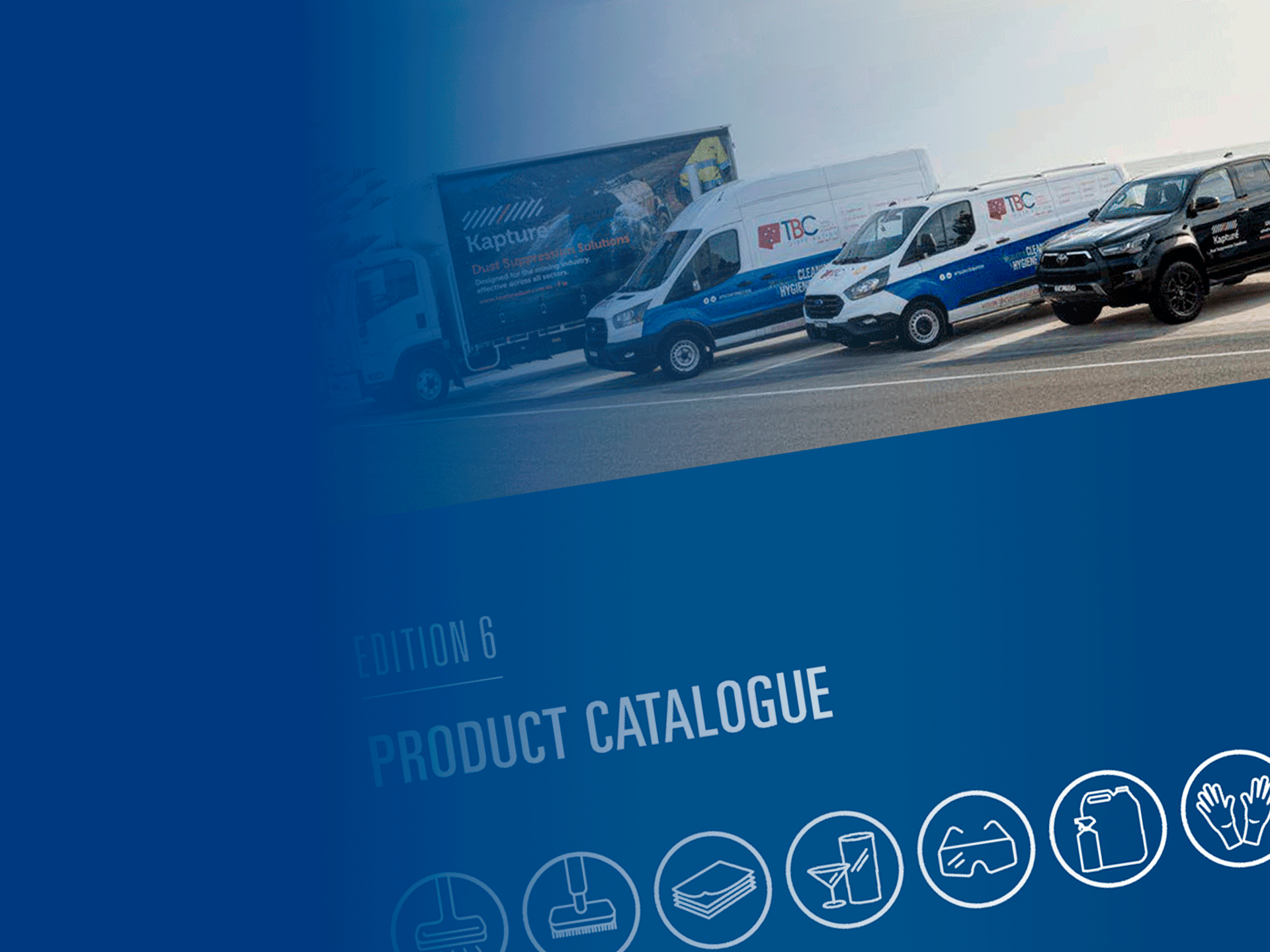 Product catalog cover for Edition 6, featuring a fleet of cleaning service vehicles including trucks and vans with company branding, set against a clear sky.