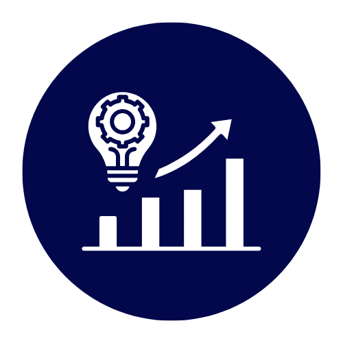 Icon of a light bulb with a gear inside, and an upward trending bar graph with an arrow, representing innovation and growth.