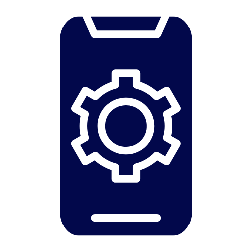 Icon of a smartphone with a gear symbol on the screen, indicating settings or configuration.