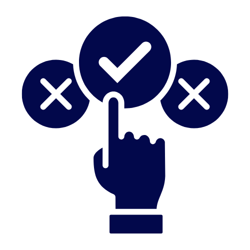 A hand pointing to a checklist with a check mark, and two circles with X marks, indicating options or choices.