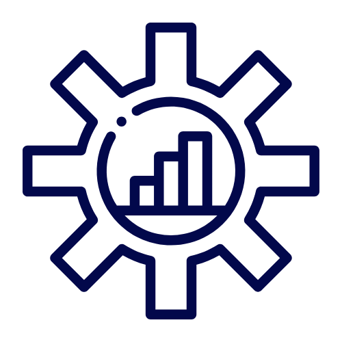 Gear icon with a bar chart and rising arrow inside.