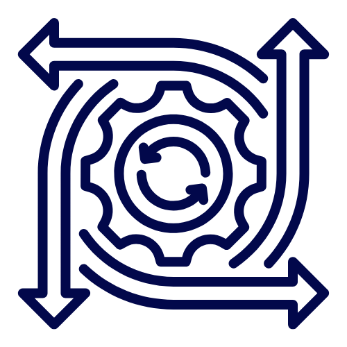 Icon of a gear with circular arrows inside, surrounded by four arrows indicating process flow or cycle.