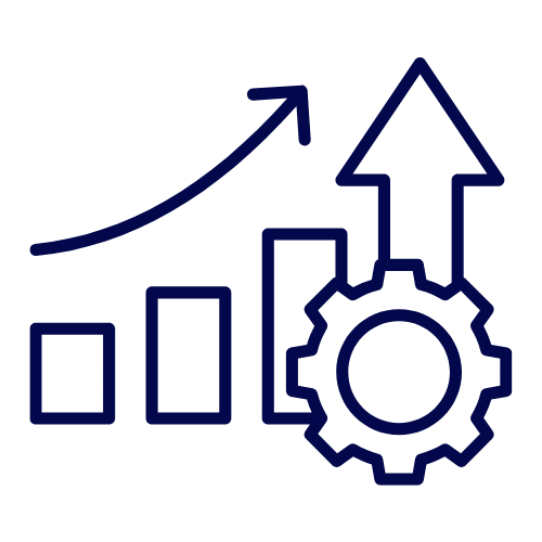 Line graph with upward trend, bar chart, gear icon, and an upward arrow, representing growth and progress.