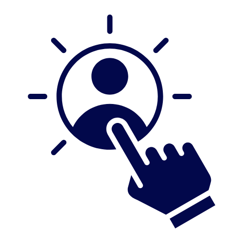 A hand clicking on a user profile icon with lines radiating outward.