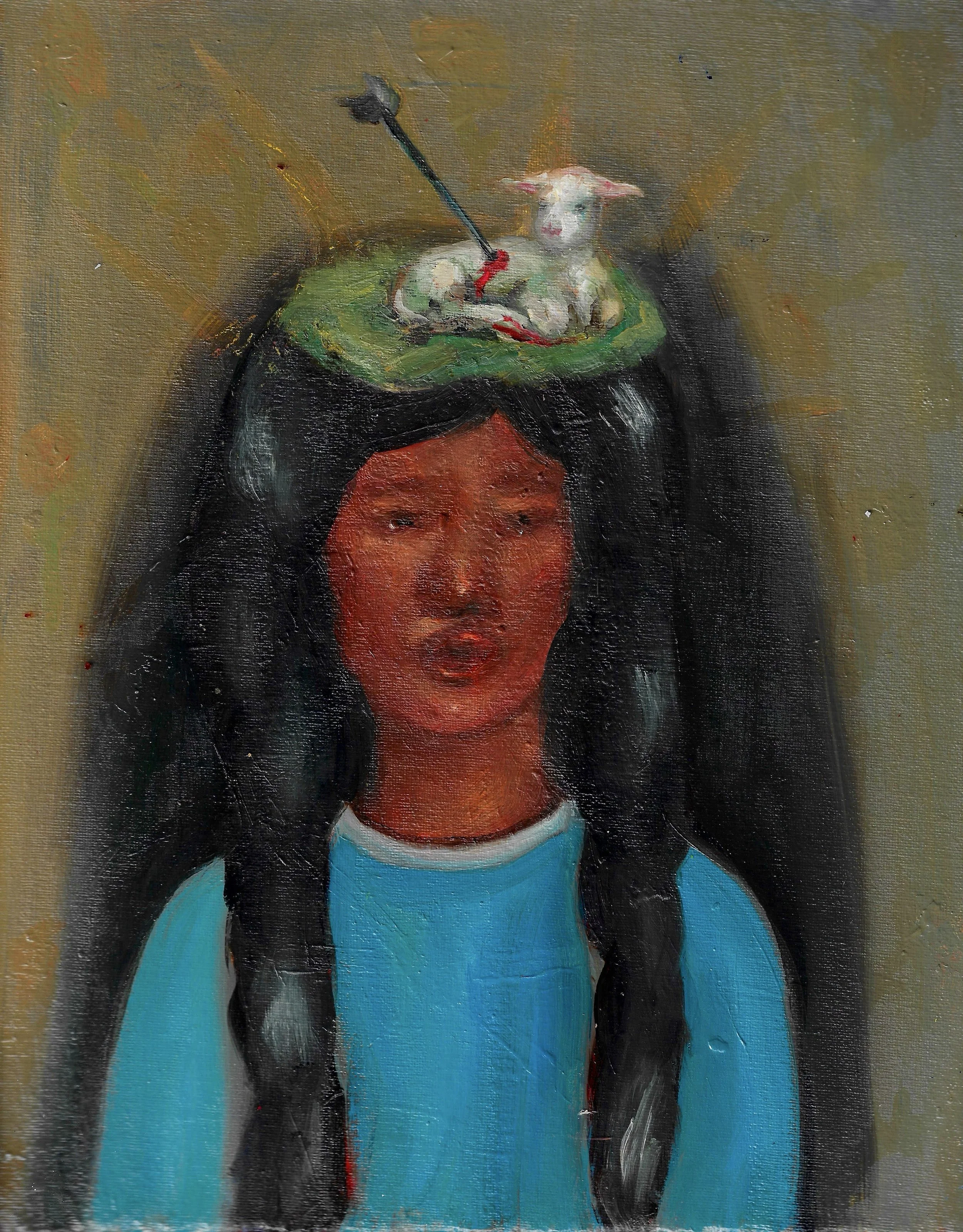 Girl and Sheep, Oil on Panel, 2025