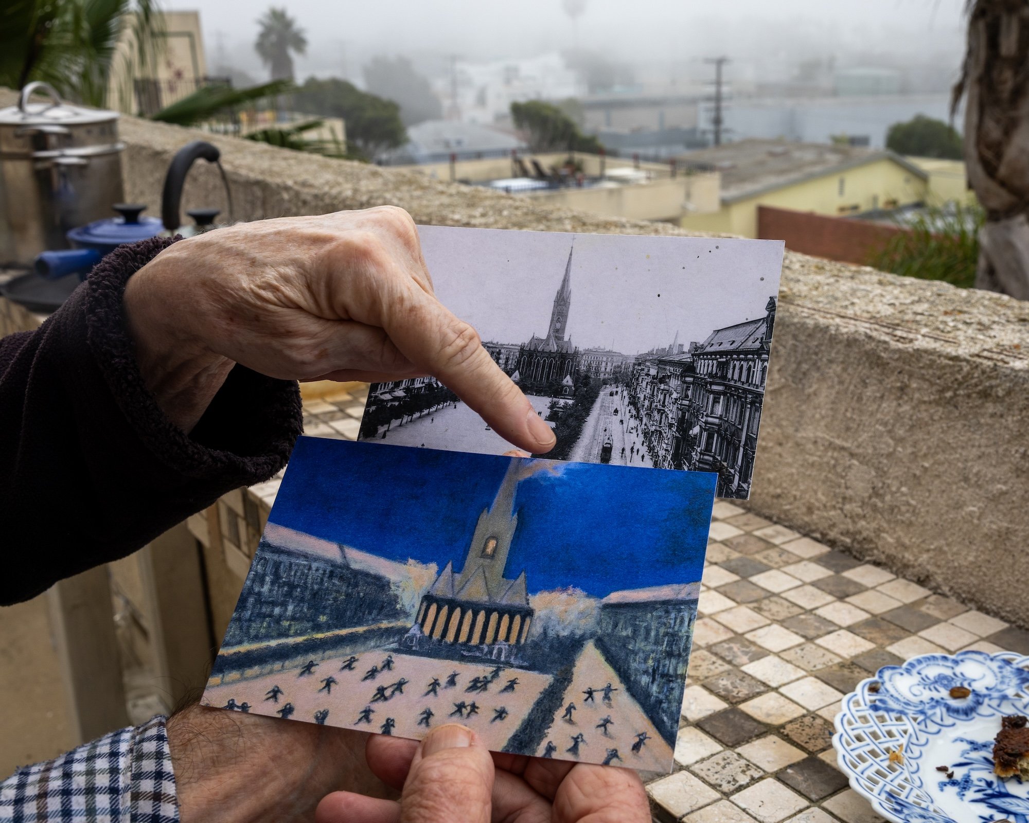 Klaus proudly shows me a painting of the church near the home he shared with his foster mother before she died when he was five. Sent to Poland during the bombing of Berlin, he later returned to find the church and the entire street reduced to rubble