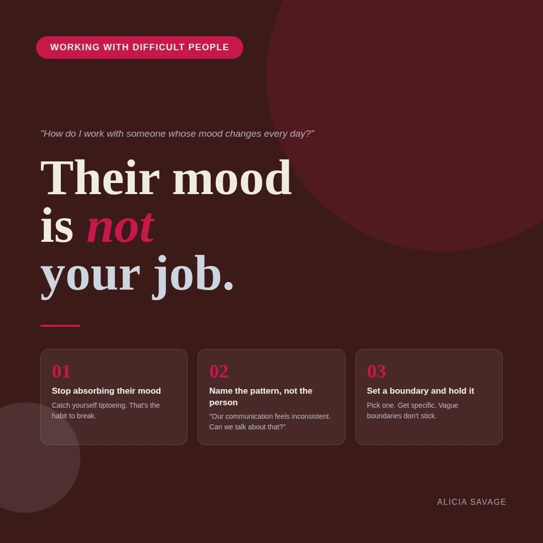 At the end of a workshop someone asked me: &ldquo;How do I work with someone whose mood changes every day?&rdquo;

Oh, this one. Let&rsquo;s talk about it.

You cannot manage someone else&rsquo;s emotional state. And exhausting yourself trying to dec
