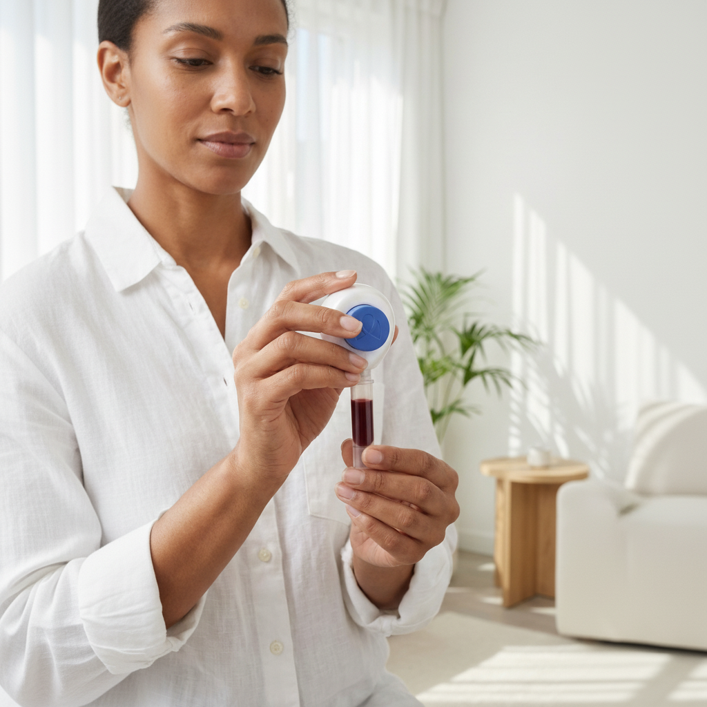 A woman in a white shirt is using a blood glucose meter to test her blood sugar level, drawing blood from her finger with a test strip.