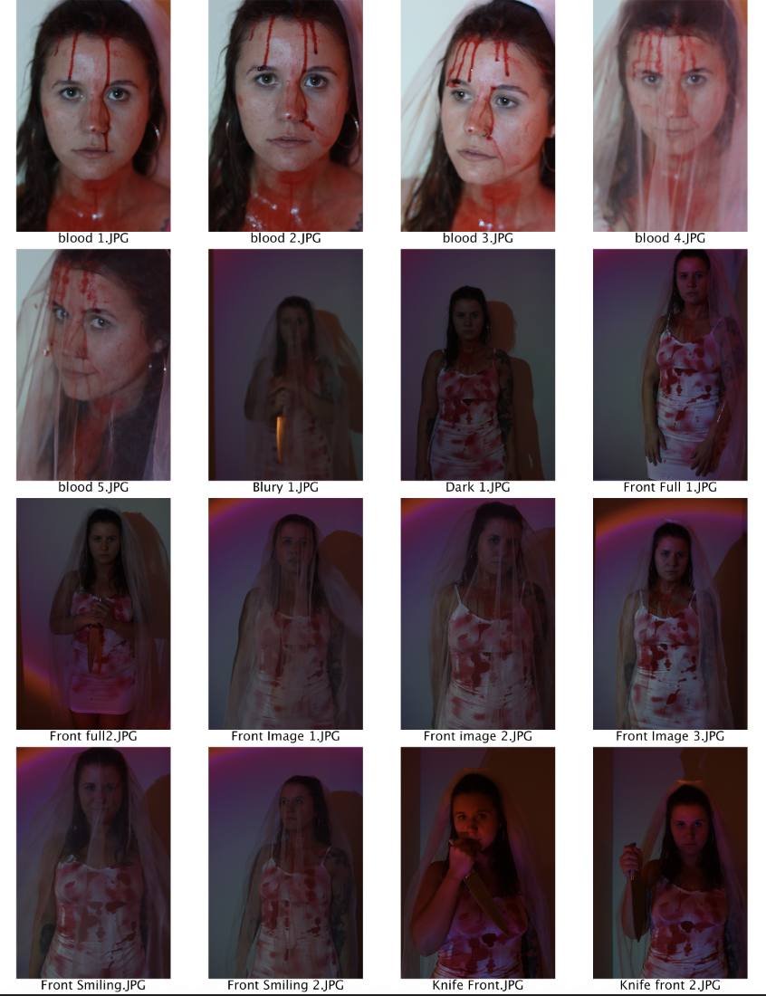 A woman with long brown hair, wearing a veil, appears with various lighting and blood effects in a series of photos. She has blood on her face and body in some images, and in others, she is holding a knife. The images include close-ups, full-body shots, and portraits with artistic and dark lighting effects.