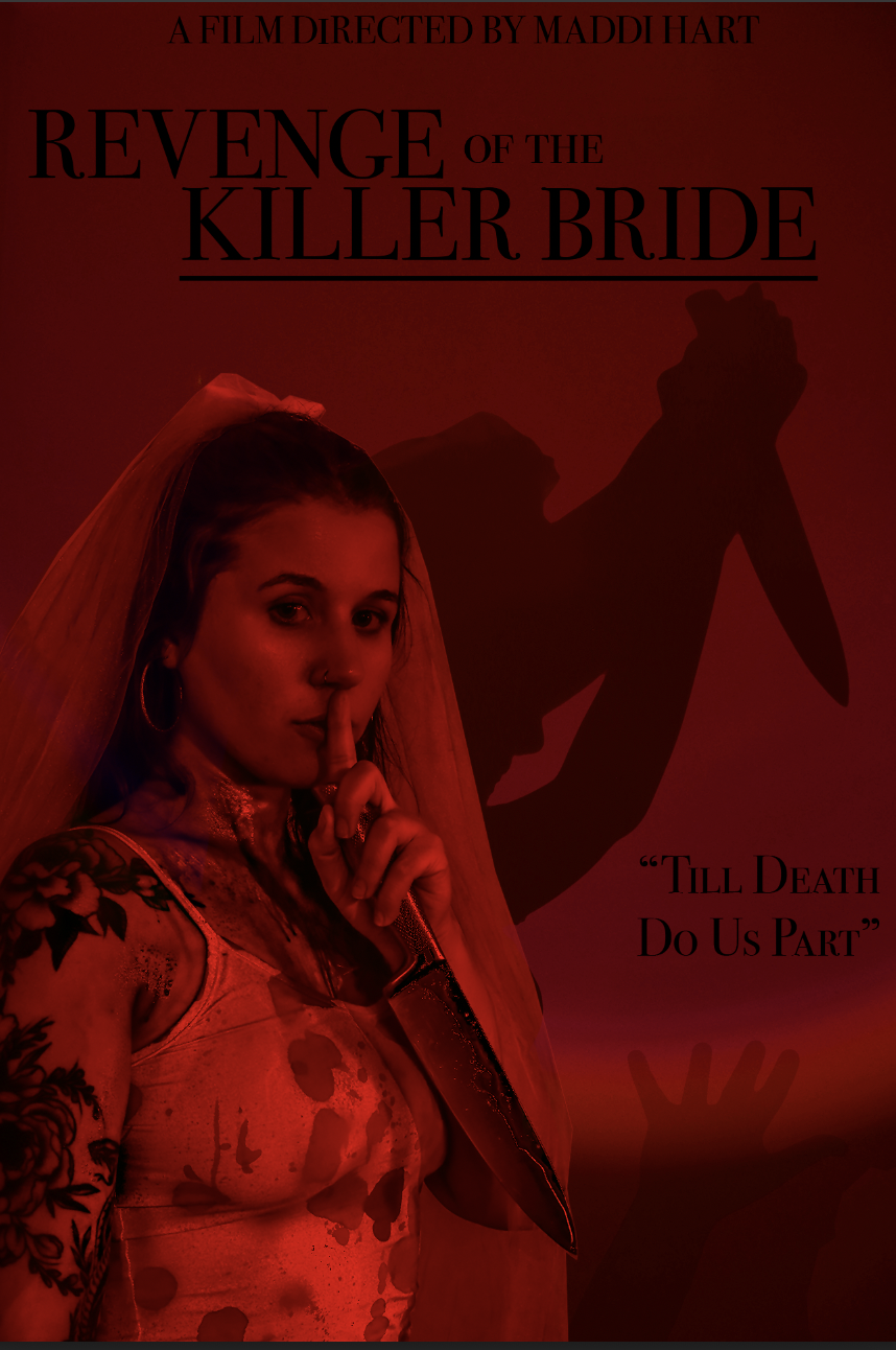Movie poster for 'Revenge of the Killer Bride,' directed by Maddi Hart, featuring a woman with tattooed arms holding a bloodied knife and making a shushing gesture, with a dark silhouette of a woman holding a knife in the background.