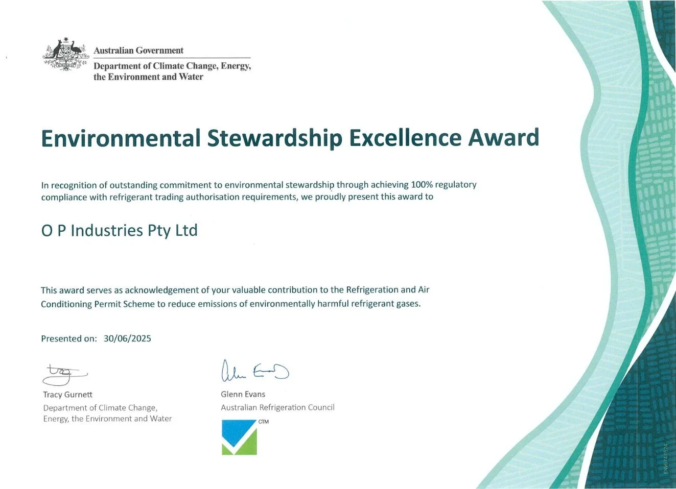 O.P. Industries Awarded Environmental Stewardship Excellence Award 