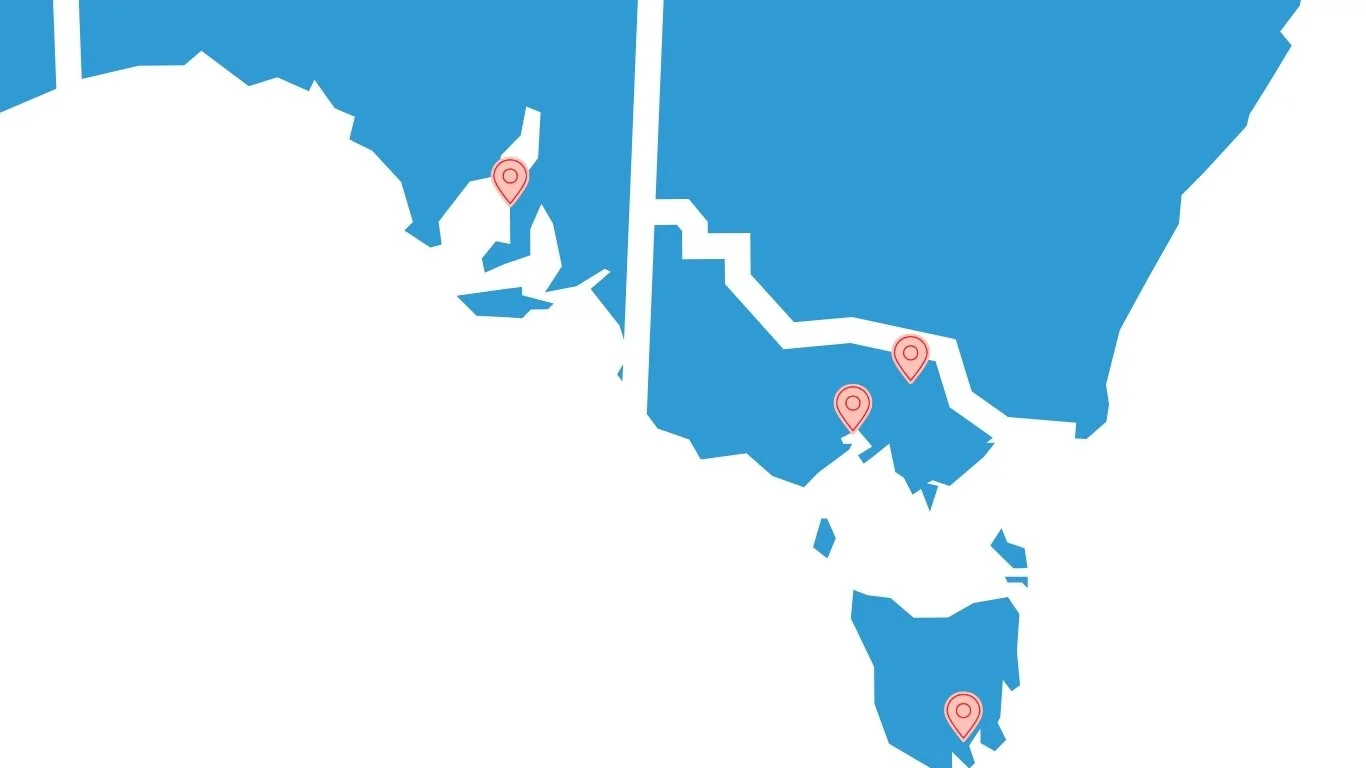 Map of Southeast Asia with four red location markers.