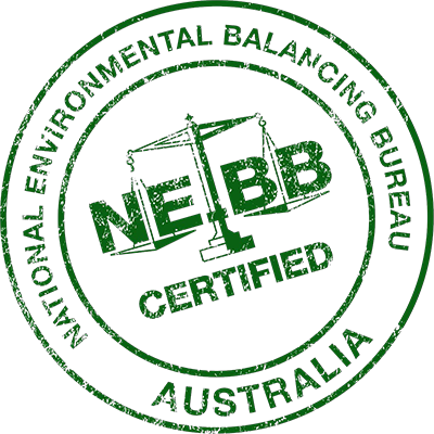 Green certified stamp with the text 'NEBB Certified' and 'Environmental Balancing Equipment Australia' around an illustration of a scale.