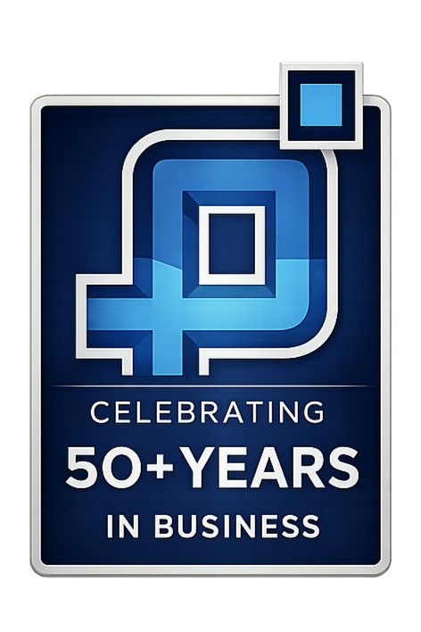A sign with a stylized logo and text that reads "Celebrating 50+ Years in Business" for an anniversary celebration.