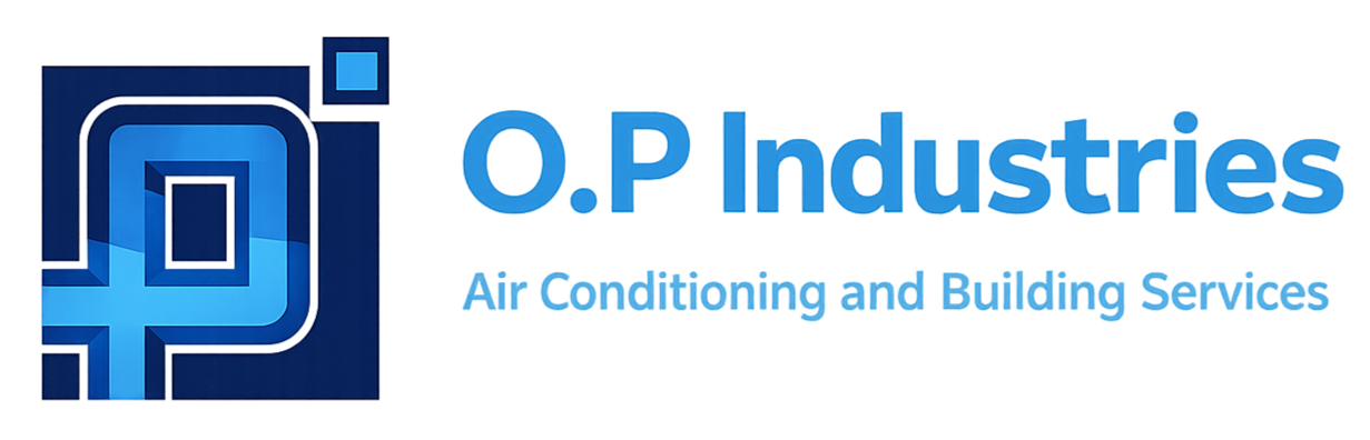 Logo for O.P. Industries, an air conditioning and building services company, featuring a stylized blue 'O' and 'P' with text.