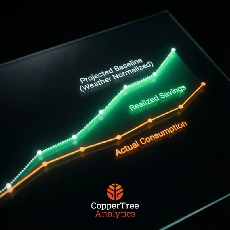 Graph showing projected baseline and realized savings in green, and actual consumption in orange, with the label 'CopperTree Analytics' at the bottom.