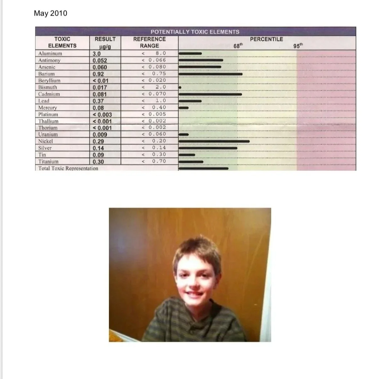 A table showing the results of a 2010 test for potentially toxic elements in a sample, with measurements like aluminum, antimony, arsenic, barium, and others. Below the table is a photo of a smiling young boy with short brown hair, wearing a greenish plaid shirt, sitting against a wooden background.