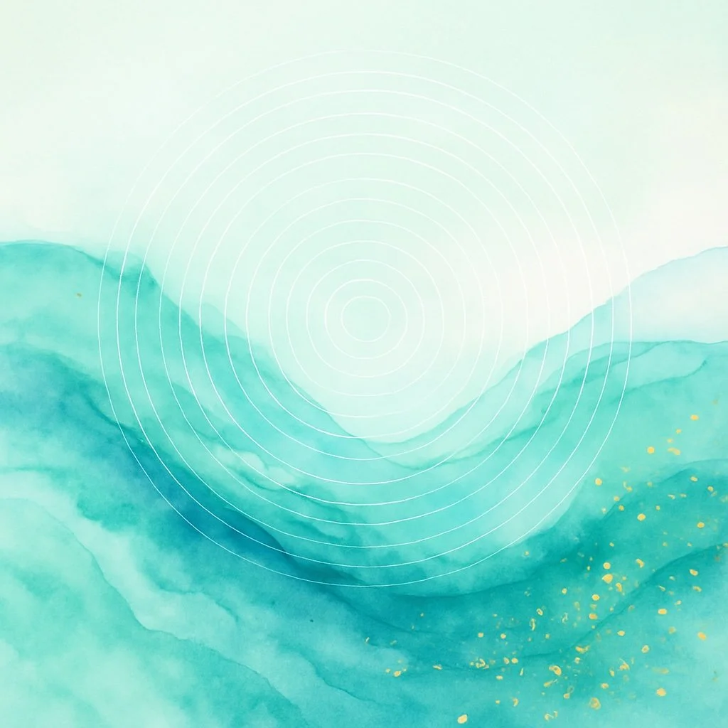 Abstract watercolor painting with shades of blue and green, depicting a mountain landscape with gold specks.