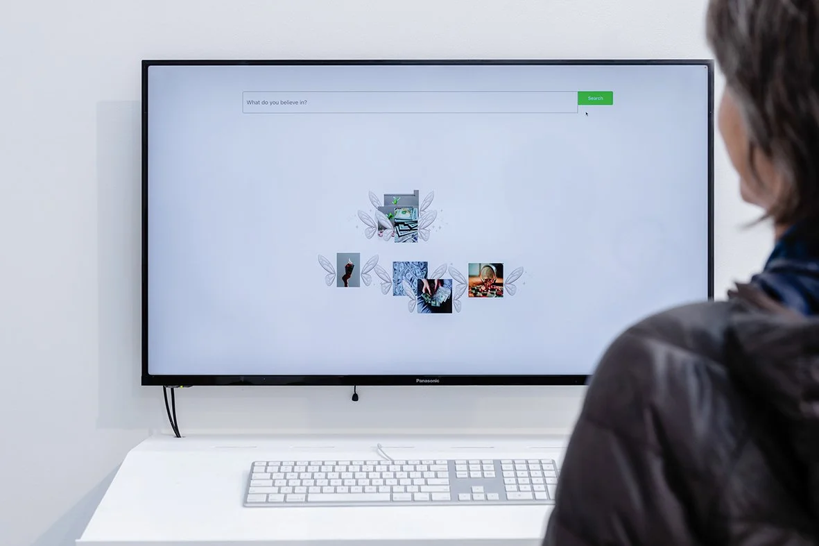 Erica Sklenars, Do you believe?, 2024.Interactive web-based artwork.
Foreground - Simon Endres, First-person (hard-boiled) - Mooner II & Flüd. 2024.
Photo: Ted Whitaker