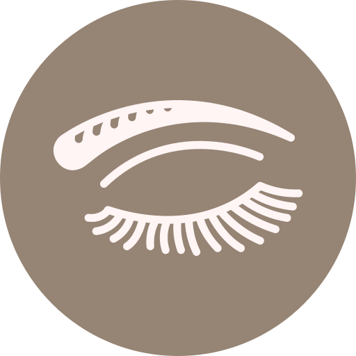 Stylized icon of an eye with long eyelashes on a gray circular background.