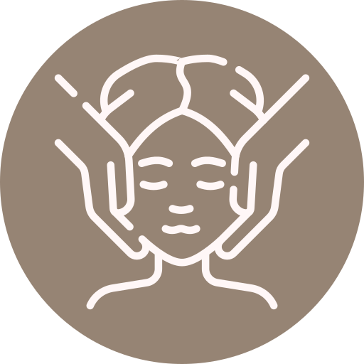 Line drawing of a person receiving a facial massage with hands on their face.