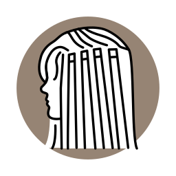 Profile of a woman with long hair, stylized line drawing inside a circular frame.