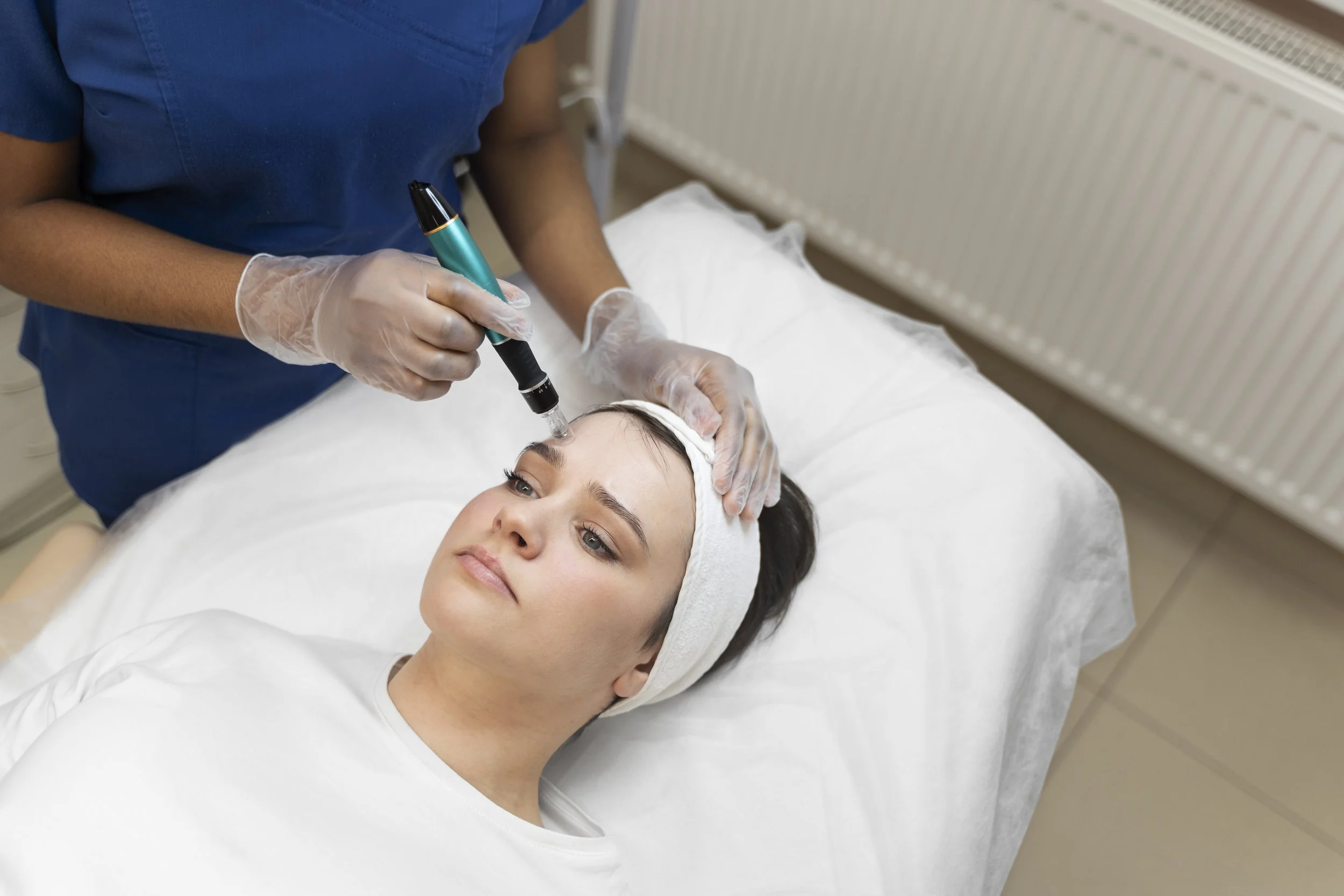 Medical professional performing a cosmetic or dermatological procedure on a woman lying on a treatment bed.