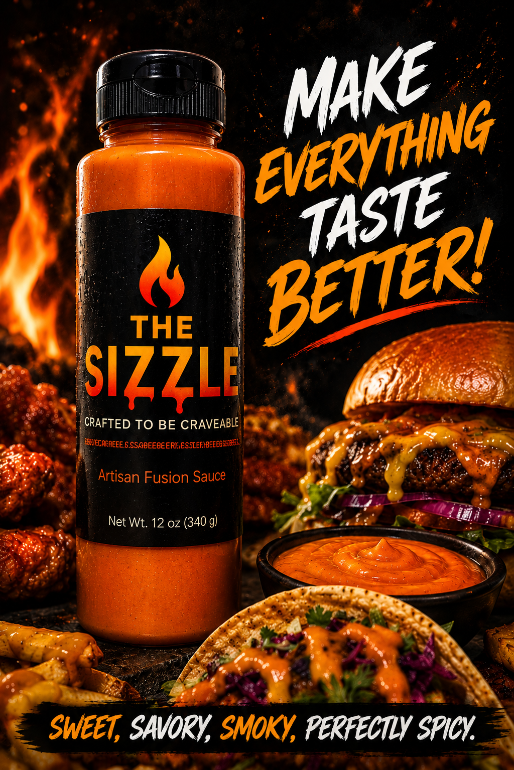 The Sizzle artisan fusion sauce with the slogan "Make Everything Taste Better" served on burgers, wings, tacos, and fries.