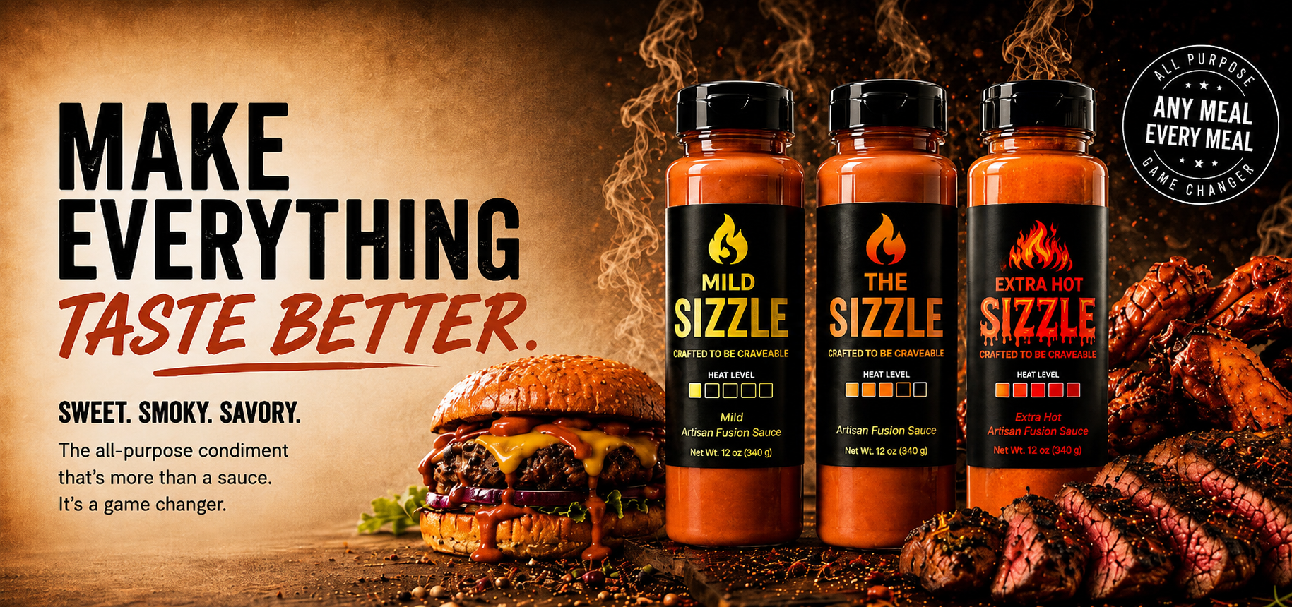 The sizzle sauce mild, original and extra hot all purpose condiment with a burger and grilled meats