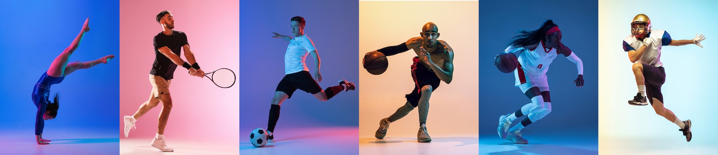 Six individuals performing various athletic activities against colorful backgrounds, including gymnastics, tennis, soccer, basketball, and football.