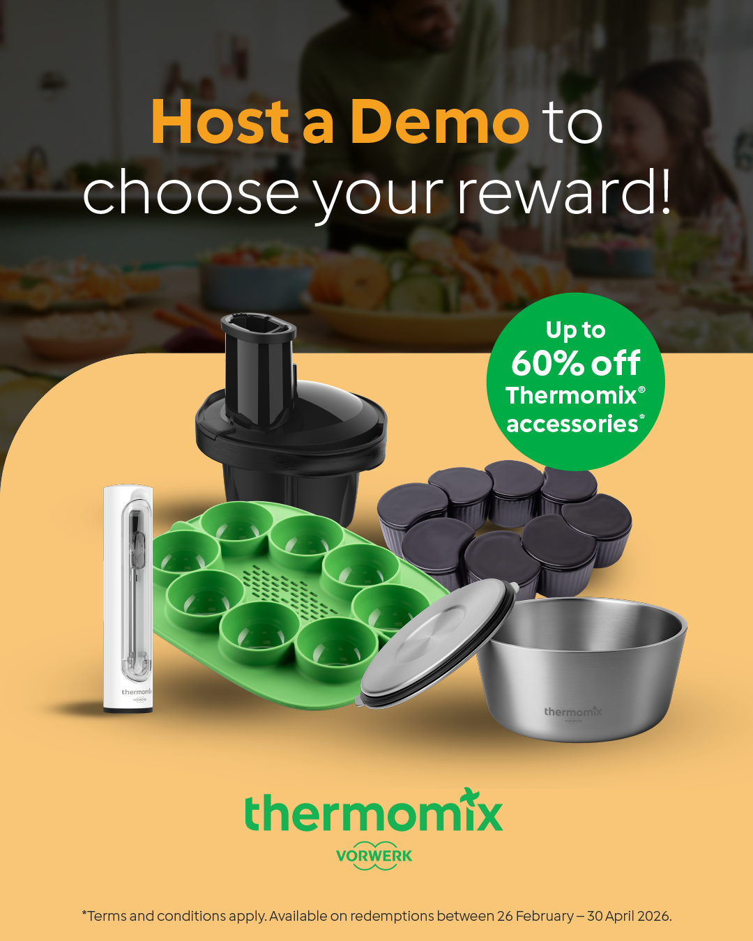 An advertisement promoting Thermomix accessories with a discounted offer. Includes various kitchen items such as a black blender, a green silicone ice cube tray, black coffee capsules, a thermometer, a stainless steel mixing bowl, and other accessories, set against a yellow background with a blurred home kitchen scene in the backdrop.