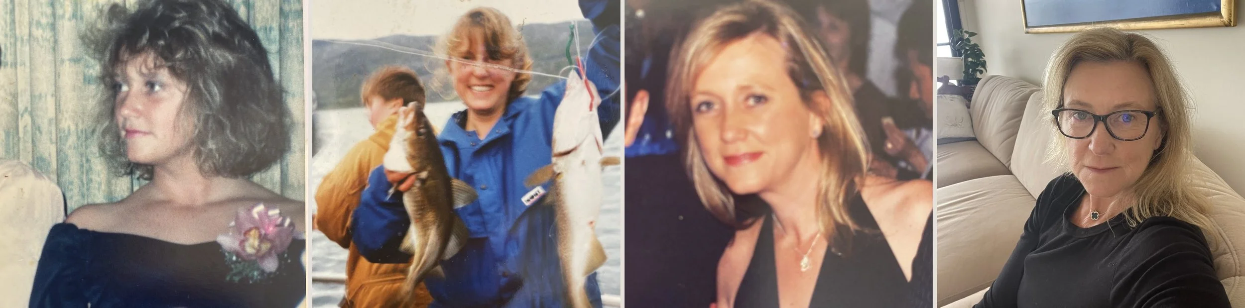 Four photos of Brigitte through the years:  21 with the big 80s hair, on a boat holding 2 fish, dressed up for an evening event, and today at home in glasses