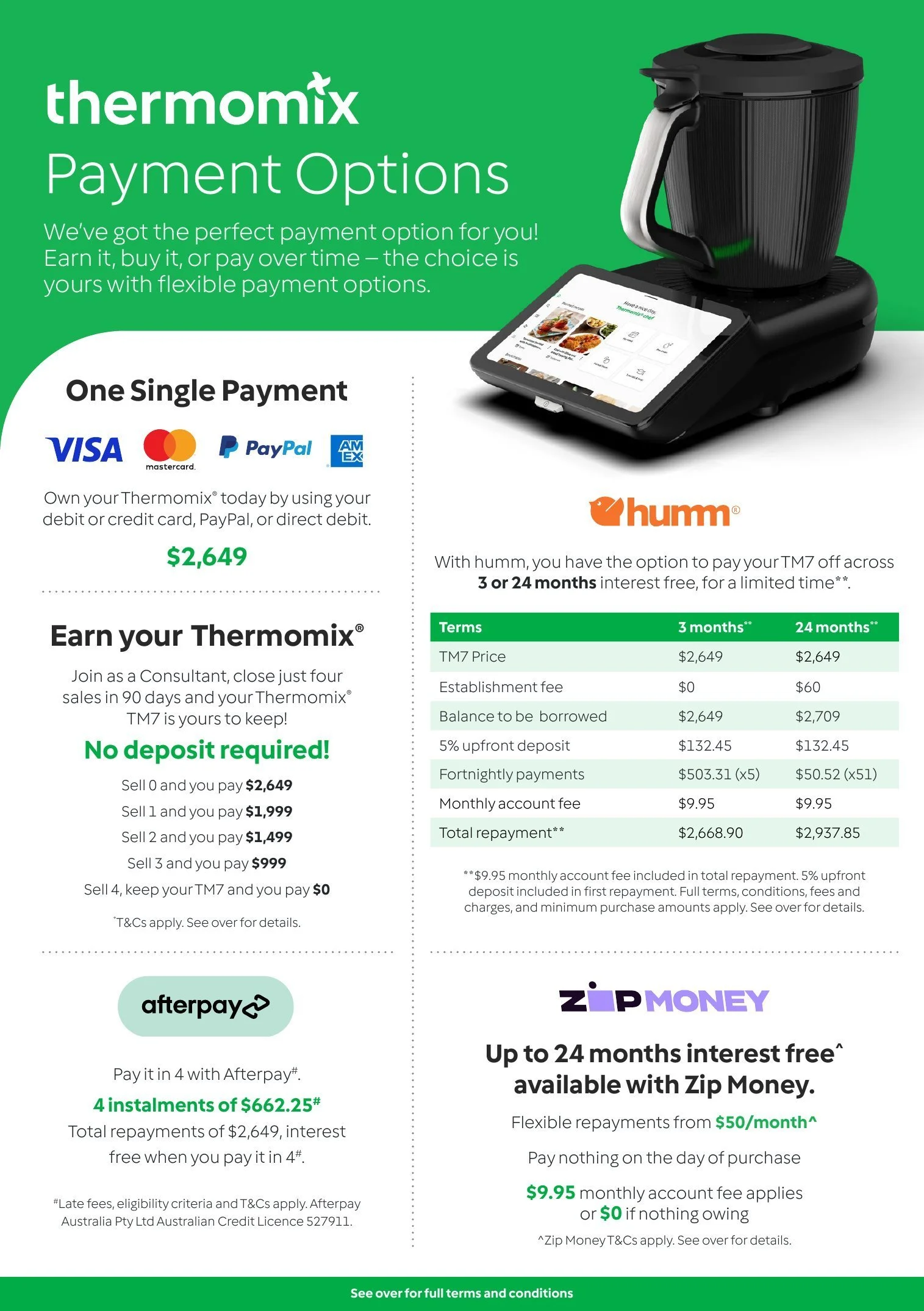 Thermomix TM7 payment options: pay upfront, Afterpay, humm, Zip Money or earn your TM7