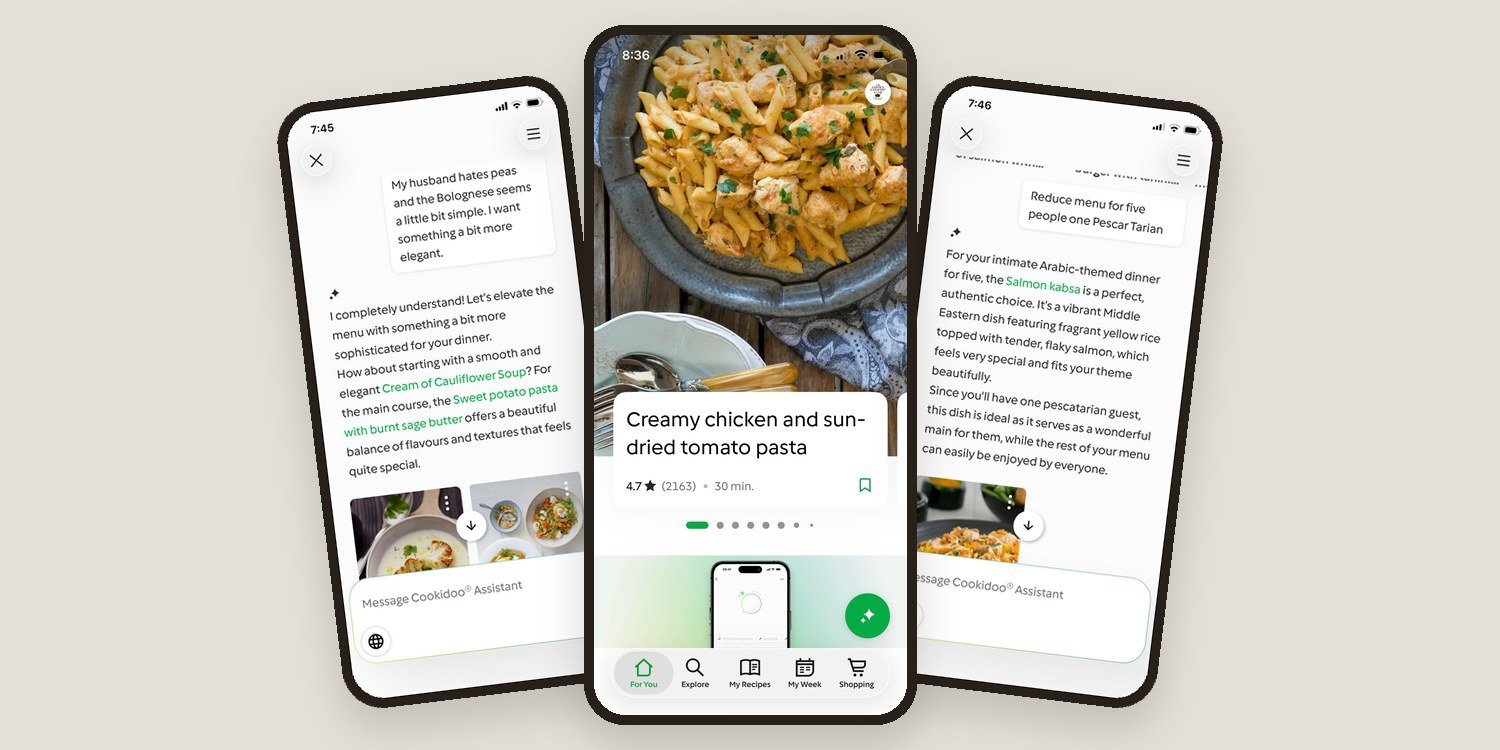 Three phone screenshots of the Cookidoo AI Assistant: a dinner party menu conversation, the Cookidoo home screen, and a salmon kabsa suggestion