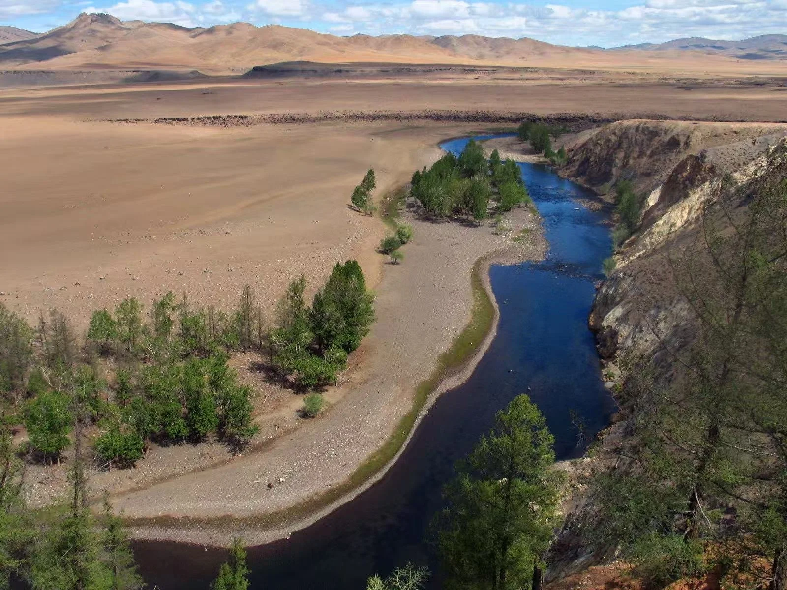 A winding river flowing through a canyon with green trees along its banks, surrounded by barren, brown desert and distant mountains under a partly cloudy sky.
