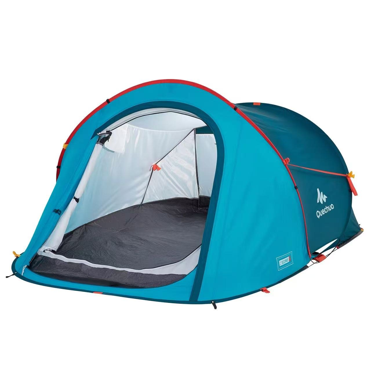 A blue Quechua camping tent with an entrance opening, showing the interior with black groundsheet and white mesh walls.