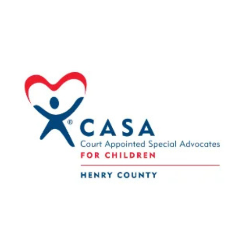 Logo for CASA, Court Appointed Special Advocates for Children, Henry County, featuring a stylized person with a heart-shaped head, the organization name, and a note about advocating for children.