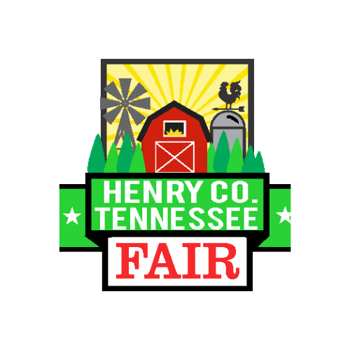 Logo for the Henry County Tennessee Fair featuring a barn, windmill, rooster, silo, greenery, and a bright yellow sunburst background.