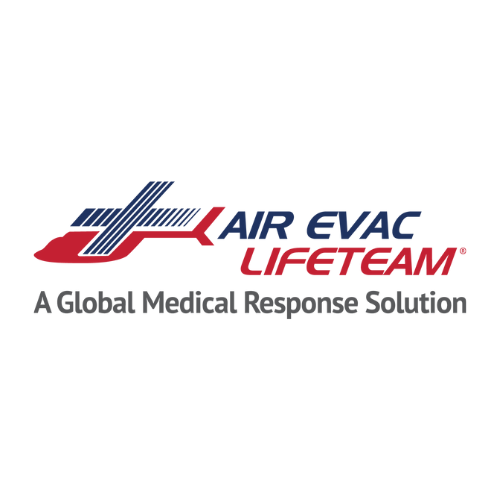 Logos for Air Evac Lifeteam with a cross and helicopter graphic, and the tagline 'A Global Medical Response Solution'.