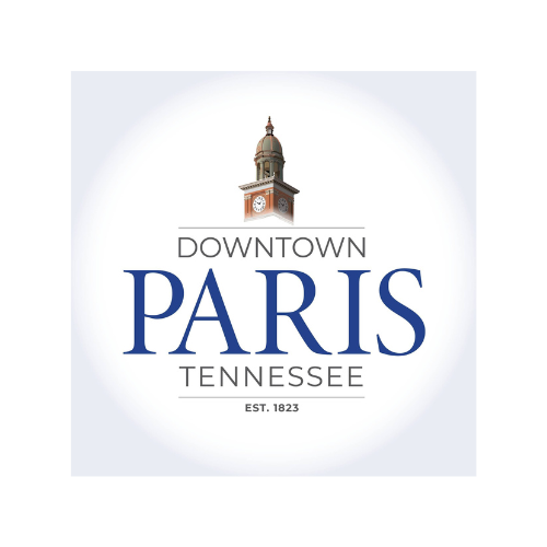 Logo for Downtown Paris Tennessee featuring a clock tower illustration and the text 'Downtown Paris Tennessee EST. 1823'.