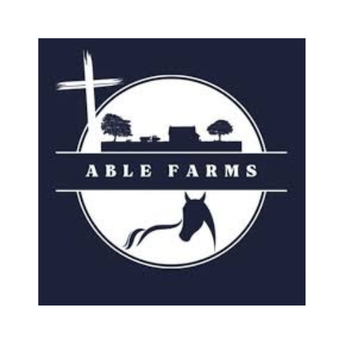 Logo for Able Farms featuring a cross, trees, farm buildings, a horse head, and the farm name.