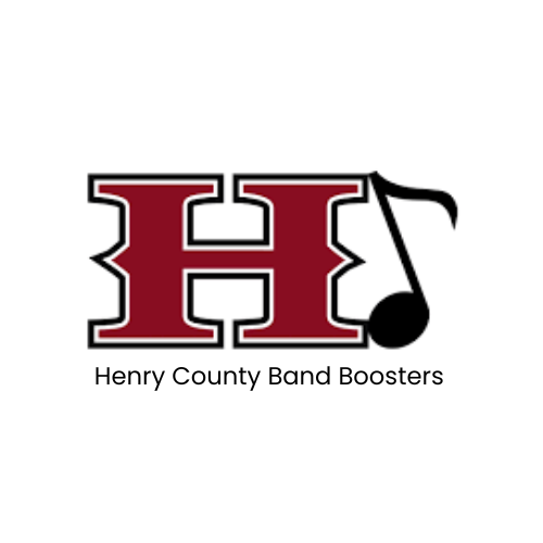 Logo of Henry County Band Boosters, featuring a large maroon 'H' with a black outline and a musical note.