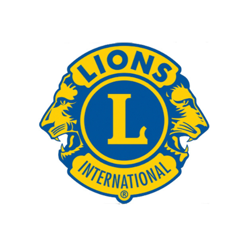 Lions Clubs International logo with two lion faces on either side of a blue circle containing a yellow letter 'L'.