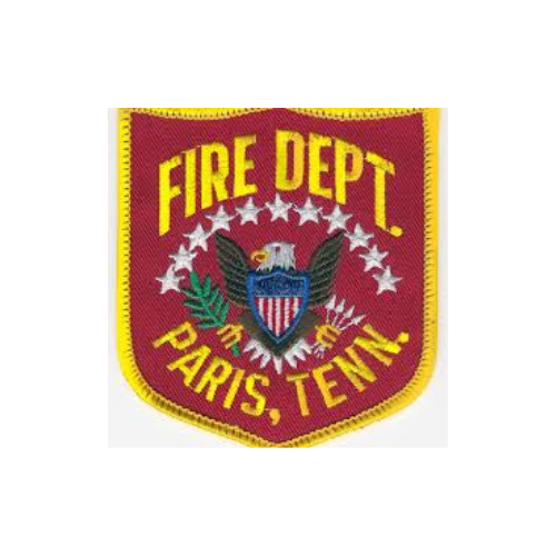 Fire Department patch from Paris, Tennessee featuring an eagle, shield, and stars on a red background with yellow border.