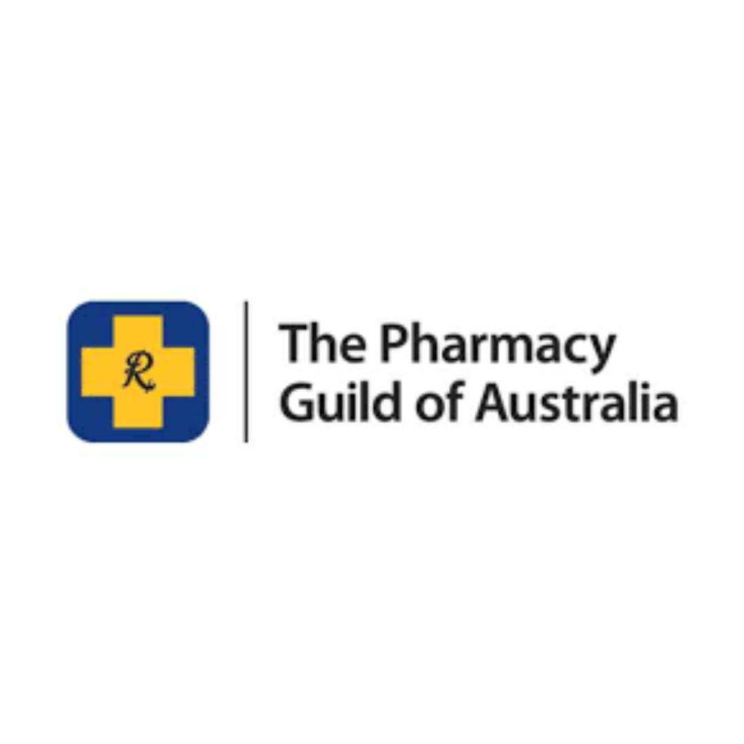 Logo of The Pharmacy Guild of Australia with a yellow cross and a black letter R inside it, next to the organization's name.